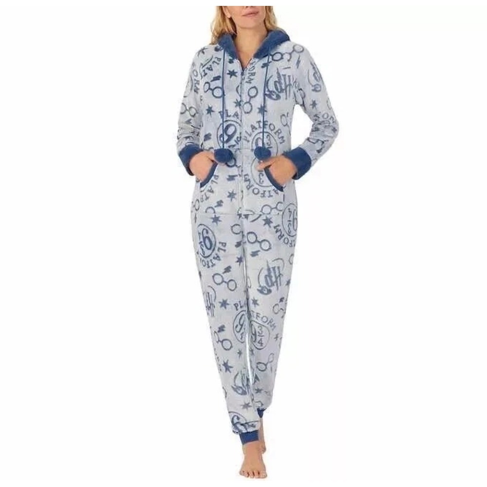 Harry Potter Wizarding World Blue Plush Faux Fur Hooded One-Piece Pajama •S•